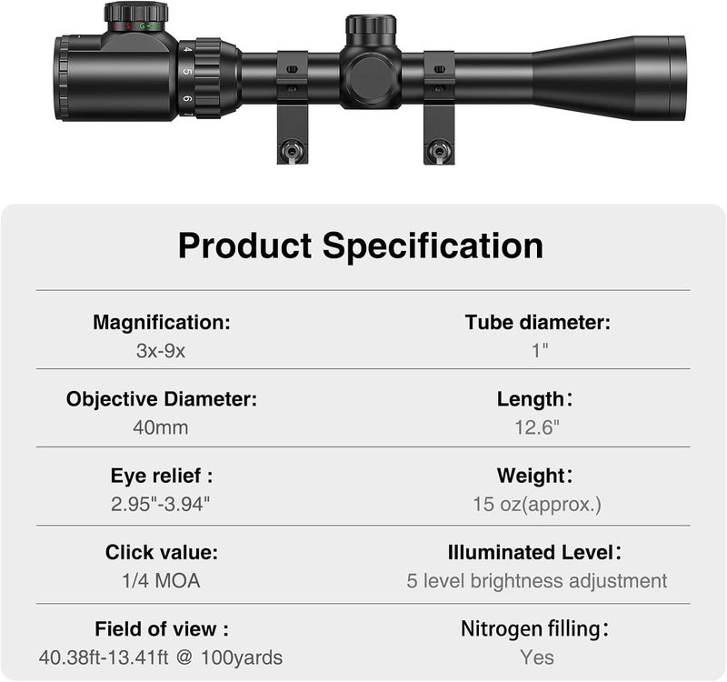 CVLIFE 3-9x40 Rifle Scope, Red & Green Illuminated Optical Riflescope, Mil-dot Reticle Scope for Hunting with 20mm Picatinny(Green Lens) - Image 5